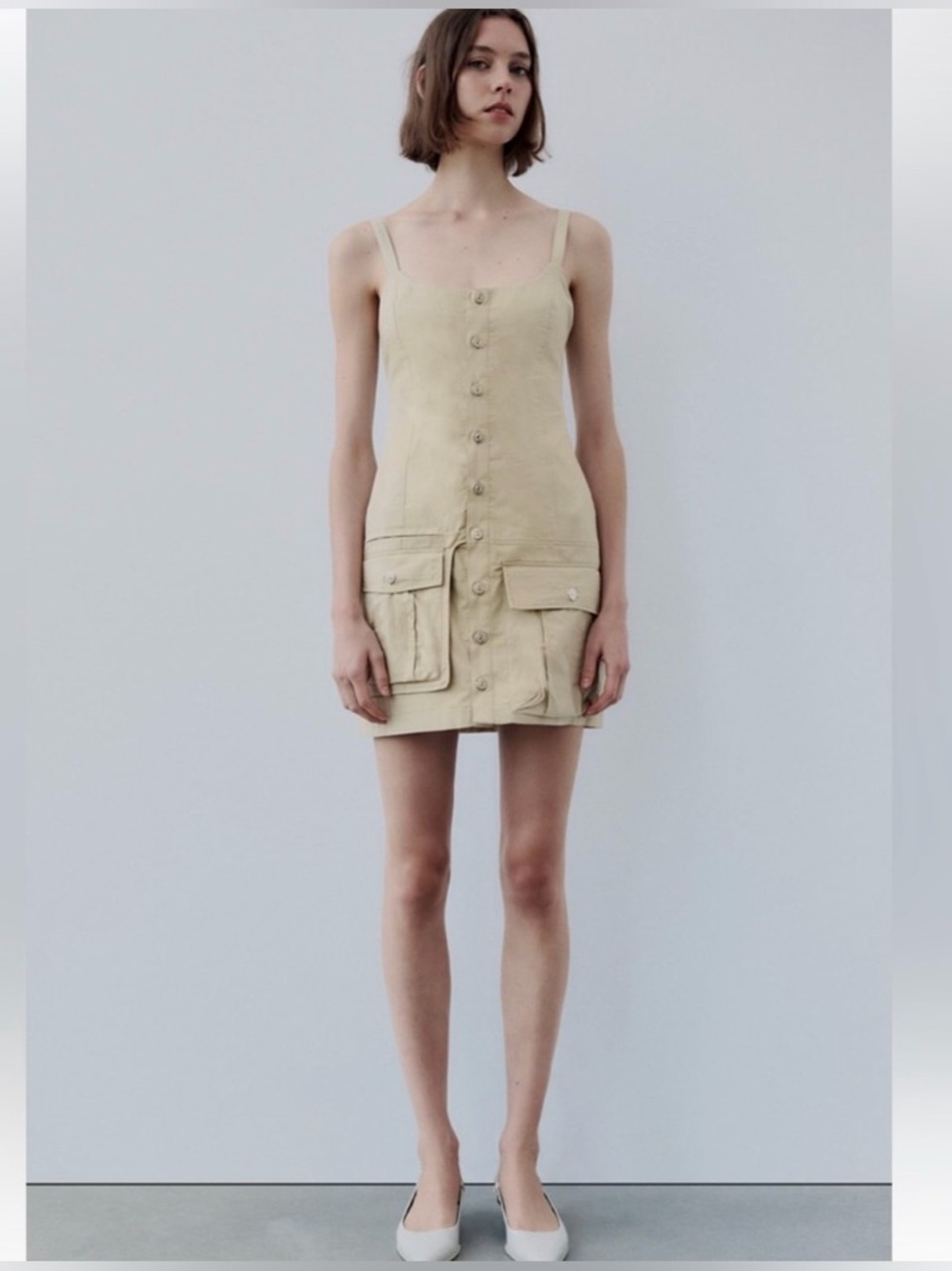 Zara Beige Button-Front Mini Dress with Utility Pockets